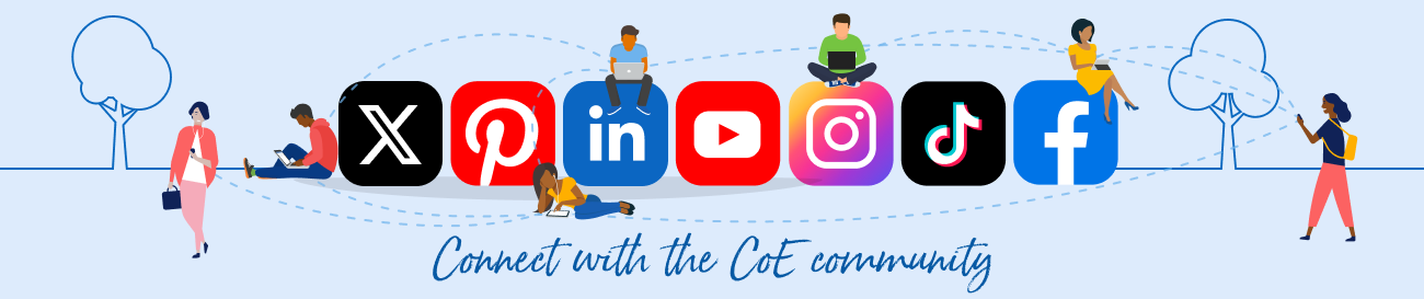 Social icons and the words Connect with the CoE community